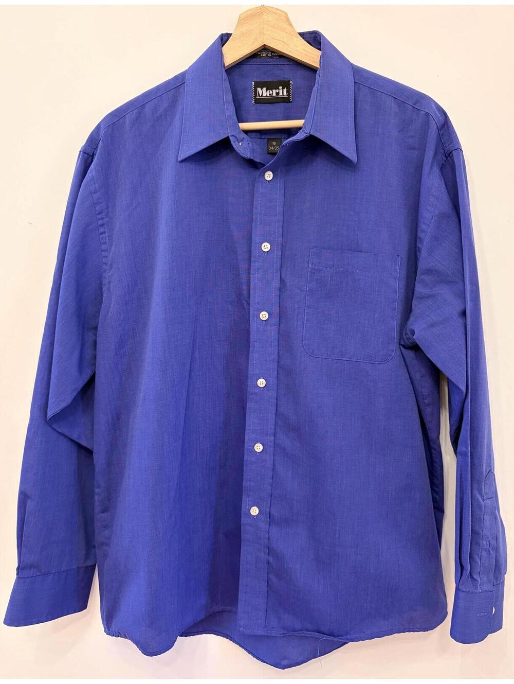 Vintage Merit Blue Dress Shirt Mens 16 34/35 Canadian Made Wrinkle Resistant